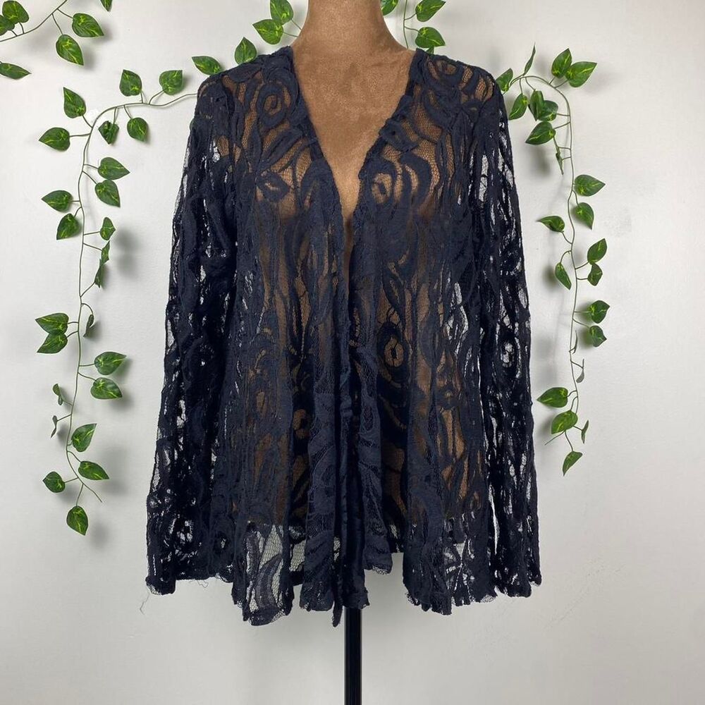 Sheer Black lace whimsigoth cardigan floral design mesh open front flair gothic